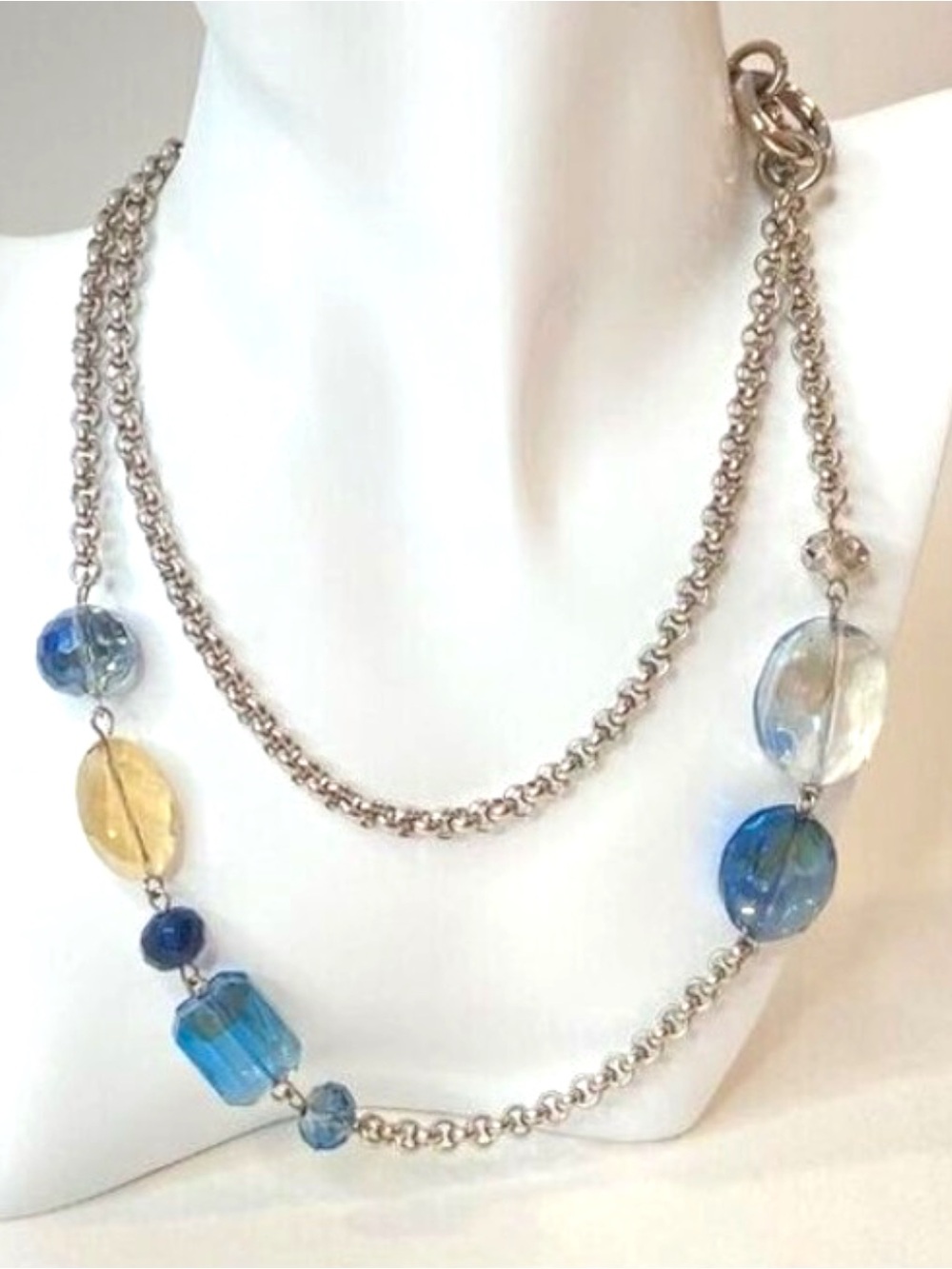 Y2K Two-Strand Silver Chain Necklace With Blue & Clear Beads 18 Inches Long